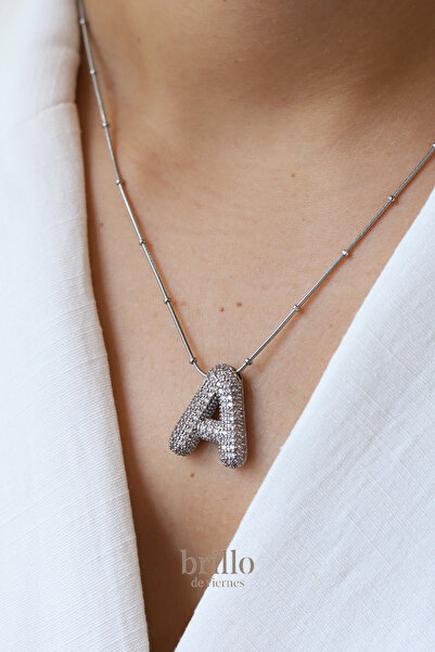 Brillo Çelik Zirkon Taşlı Harfli Balon Kolye-Gümüş Renk