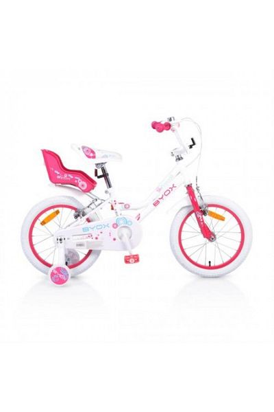byox Bicicleta pentru fetite Princess White 16 inch, cu roti ajutatoare si portbagaj papusi, frana f
