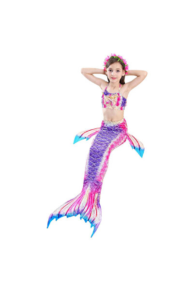 THK Costum de baie sirenă Ariel, format din 4 piese, include coadă, aripioare...