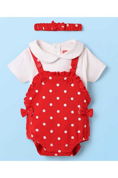 Babyhug 100% Cotton Knit Half Sleeves T-Shirt & Onesies with Hairband Polka Dots Printed - Red