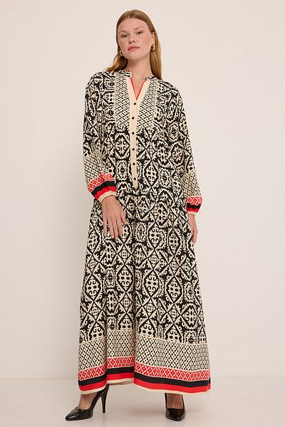 Merterium Women's Patterned Hijab Dress Black Red 1010