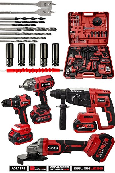 ASSUR 21V Darbeli Kömürsüz 4'lü Set Kırıcı Delici Hilti & Taşlama & Somun Sık...