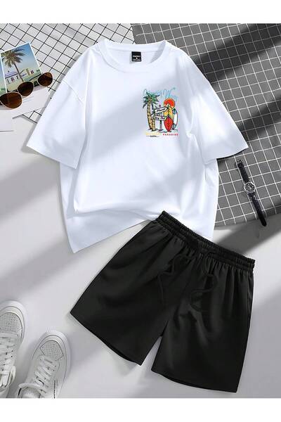 ACTIVE MODA -OVERSIZE 2-ПАРНИЙ КОМПЛЕКТ ФУТБОЛКА-ШОРТИ ВЕЛИКИЙ РОЗМІР БАВОВНЯНИЙ З ПРИНТОМ