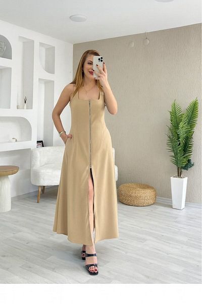Viyamo Women's Strap Square Neck Front Zipper Wide Cut Janjan Crepe Dress