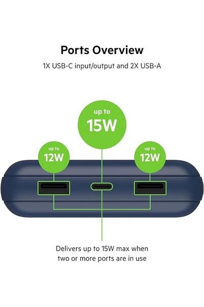 Belkin BoostCharge 20000mAh 3-Port Power Bank – USB-C & Dual USB-A – 15W Output – Blue