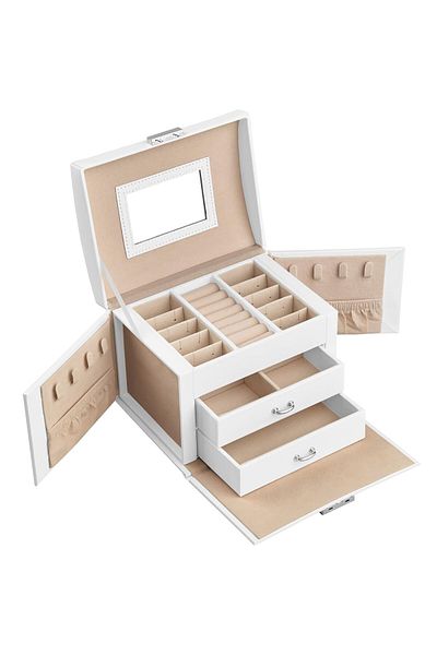 SONGMICS Cutie de bijuterii cu 3 niveluri, oglindă, mâner cu încuietoare, 2 sertare, 14x18x14cm, albă