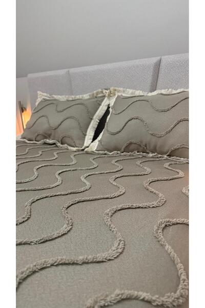 DİLETTO Tasseled Wave Patterned Double Bedspread Set – Beige Color 3 Pieces 240 X 250