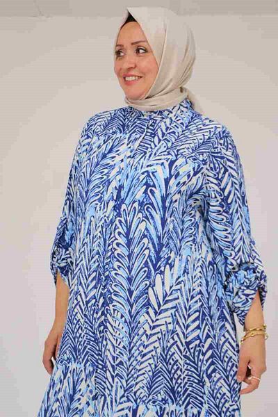 Eslina 58097 Large Size Patterned Wrinkle Button Shirt - Cream-Indigo