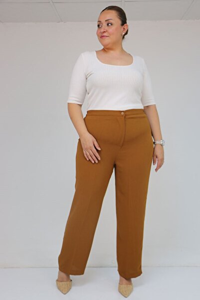 Eslina 59016 Plus Size Crepe Trousers with Button Waist - Mustard
