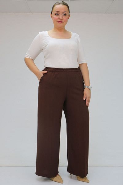 Eslina 59014 Large Size Crepe Loose Pants with Elastic Waist - Brown