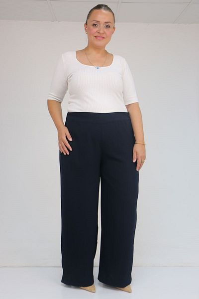 Eslina 59011 Plus Size Molded Waistband Side Zipper Crepe Trousers - Navy Blue