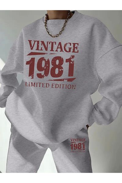 FUFLUNS Vintage 1981 Printed Unisex Oversize Circle Neck Bottom/Upper Tracksuit Set