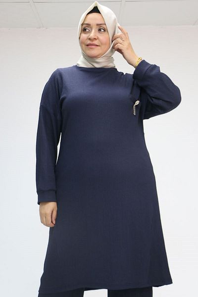 Eslina 57028 Large Size Trousers Suit with Ornamental Pocket Detail - Navy Blue