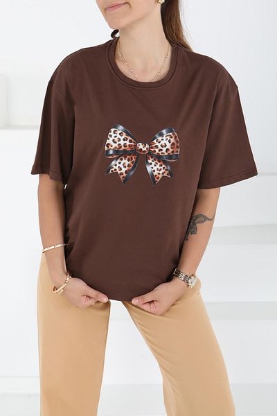 TOFİSA Printed Short Sleeve T-Shirt Brown - 27501