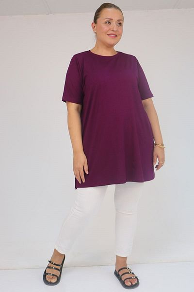 Eslina 58507 Large Size Collar Piping Combed Cotton T-Shirt - Plum