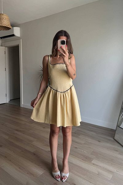 Sue Store Butter Yellow Thick Strap Lace Detailed Openwork Linen Dress