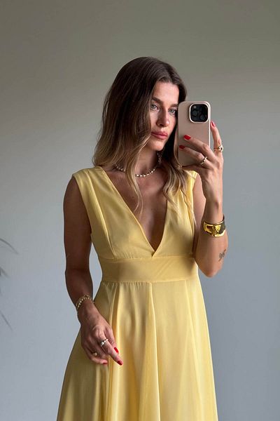 Sue Store Yellow Deep V Neckline Thick Strap Lined Chiffon Dress