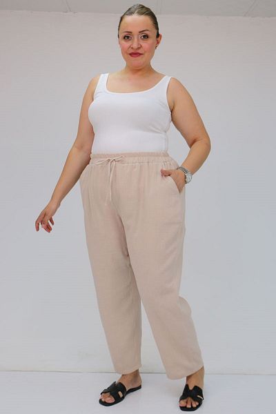 Eslina 59020 Large Size Muslin Skinny Leg Trousers with Elastic Waist - Beige