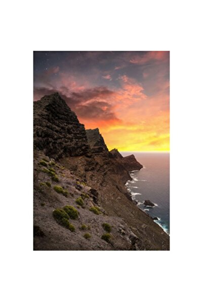 OEM Tablou Canvas, 'Apus aprins peste muntii stancosi', Stanci, Apus, Cer, Ocean, Natura, Dramatic, Peis