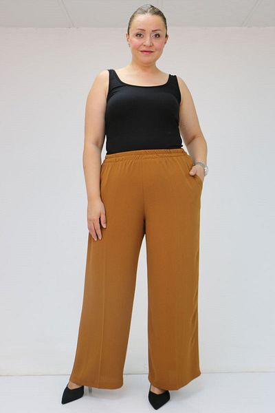 Eslina 59014 Large Size Crepe Loose Pants with Elastic Waist - Mustard