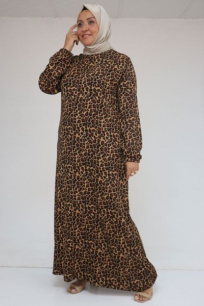 Eslina 32025 Plus Size Wrap Sleeve Elastic Dress - Black Leopard