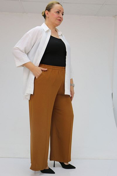 Eslina 59014 Large Size Crepe Loose Pants with Elastic Waist - Mustard