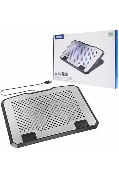 Hama مبرد وحامل كمبيوتر محمول من الألومنيوم - مروحتان هادئتان مع إضاءة LED زرقاء، تصميم قابل للإمالة، مزود بمنفذ USB