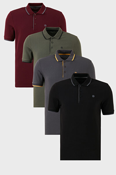 Buratti Pamuklu Slim Fit Şerit Detaylı Düğmeli Polo Yaka 4'lü Paket T Shirt E...