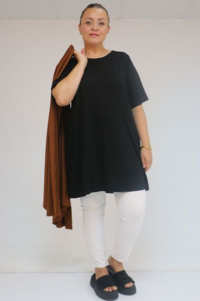 Eslina 58507 Large Size Collar Piping Combed Cotton T-Shirt - Black