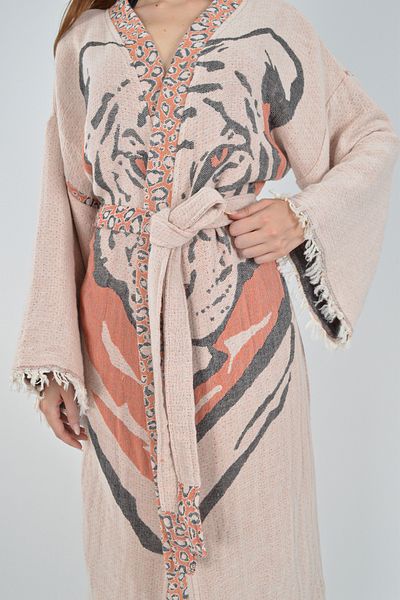 REİNA TEKS Kimono Kaftan Tiger 1 Piece Bohemian Bathrobe Unisex Jacquard Muslin Fabric