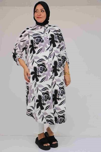 Eslina 58097 Large Size Patterned Wrinkle Button Shirt - Grey-Black
