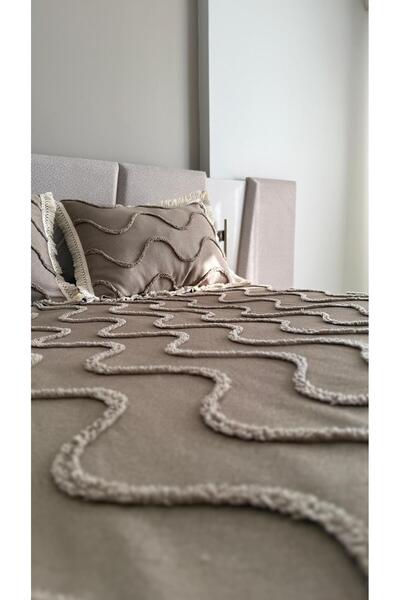 DİLETTO Tasseled Wave Patterned Double Bedspread Set – Beige Color 3 Pieces 240 X 250