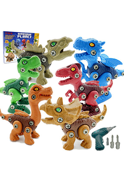 Yelajoy 6pcs Dinosaur Toy for Kids 3+,Birthday Gifts Dino Toys Construction Building Toy with Electric Drill