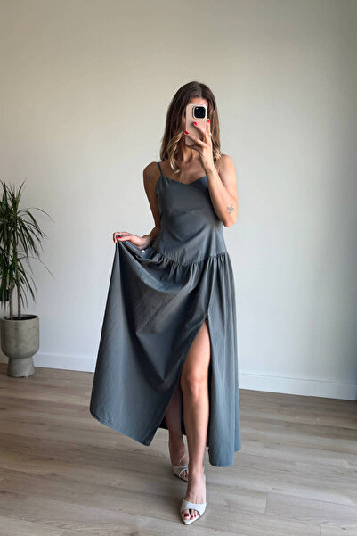 Sue Store Haki Bel Detaylı Askılı Yırtmaçlı Elbise
