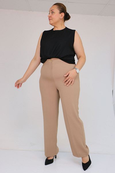Eslina 59016 large size buttoned waist crepe pants - mink