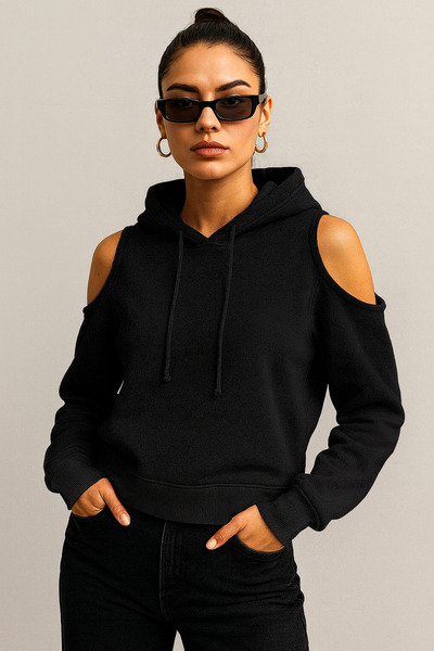 NoVibe Γυναικείο φούτερ με λεπτομέρεια με κουκούλα με ανοιχτό ώμο