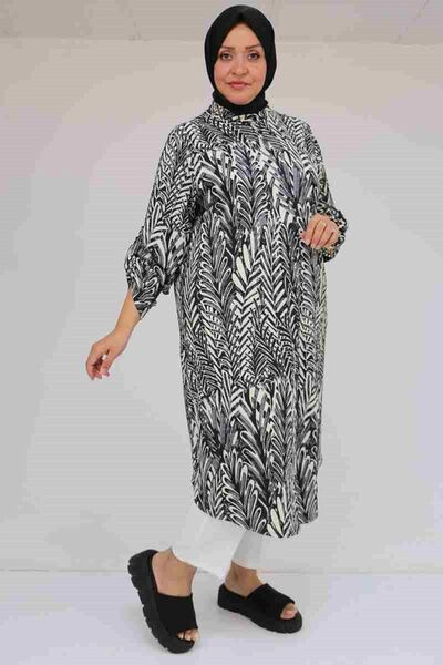 Eslina 58097 Large Size Patterned Wrinkle Button Shirt - Black-Grey