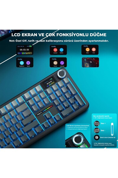 Aula F108 Pro Ekranlı Mekanik Klavye Nimbus Switch RGB Hot Swap 8000mAh Makrolu Oyuncu Klavyesi Gri