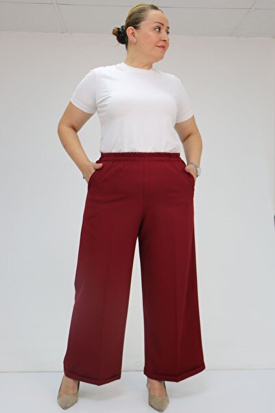 Eslina 59008 Large Size Double Leg Trousers with Elastic Waist - Claret Red