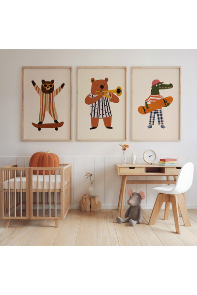 İkona Design Studio Çocuk Odası Skate Ahşap Çerçeveli 3'lü Poster Tablo Seti ...