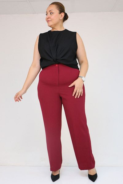 Eslina 59016 Large Size Crepe Trousers with Button Waist - Burgundy