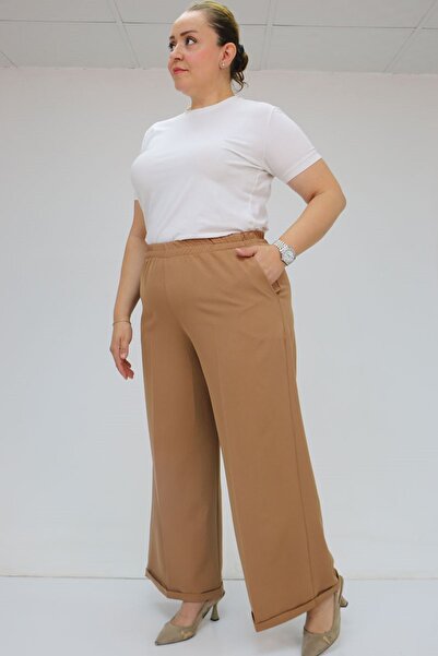 Eslina 59008 Large Size Double Leg Trousers with Elastic Waist - Tan