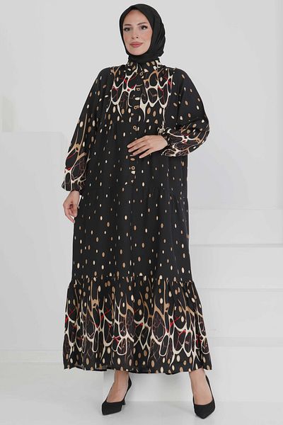 TOFİSA Patterned Buttoned Dress Beige - 27493