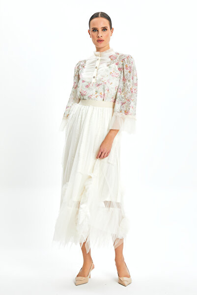 SERPİL Kadın Tül Detaylı Uzun Etek – Astarı Elastan Karışımlı, Özel Tasarım