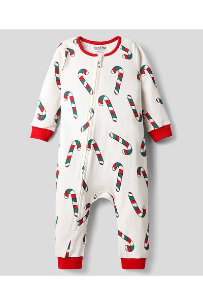 Bonfino GIRLS 100% COTTON ALL OVER PRINTED FULL LENGTH ROMPER - IVORY