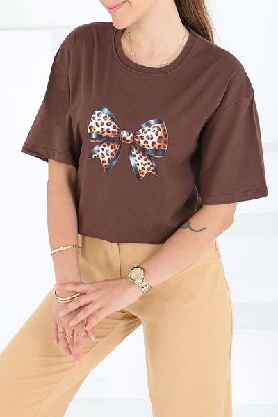 TOFİSA Printed Short Sleeve T-Shirt Brown - 27501