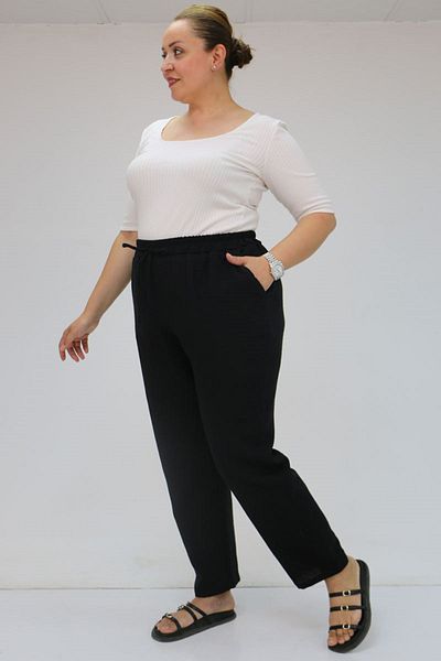 Eslina 59020 Large Size Muslin Narrow Leg Trousers with Elastic Waist - Black