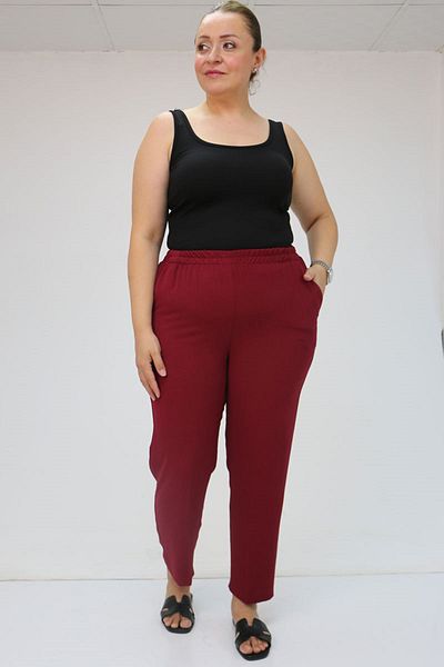 Eslina 59015 Large Size Borupaça Crepe Trousers - Claret Red