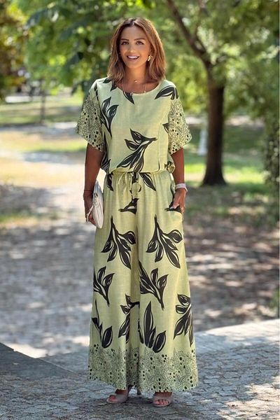 Nevin Kaya Moda Set de două piese bluză cu pantaloni cu model de flori de măsline verde Sicily