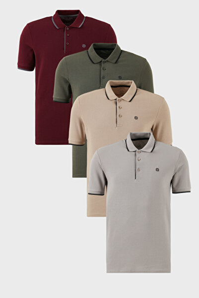 Buratti Pamuklu Slim Fit Şerit Detaylı Düğmeli Polo Yaka 4'lü Paket T Shirt E...